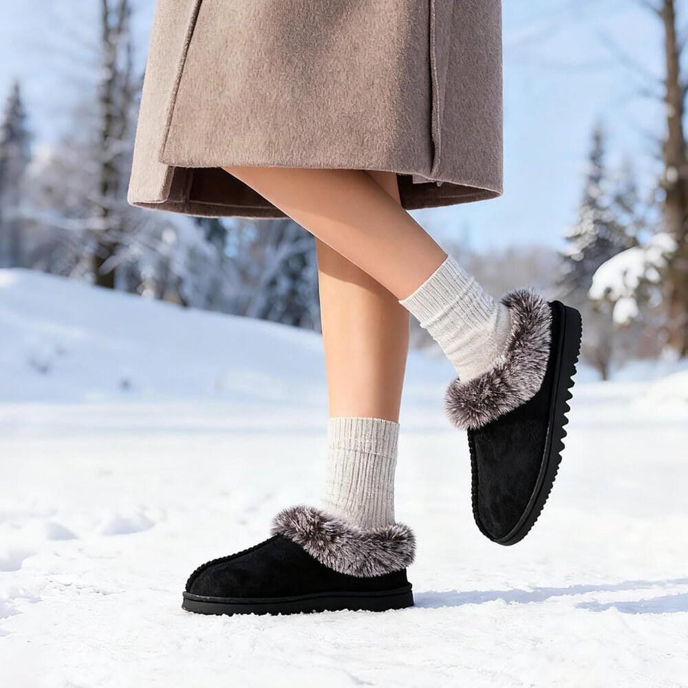 Women's Fuzzy Cozy Faux Fur Memory Foam  Rubber Sole Slippers Boots Black Shoes - Picture 6 of 6